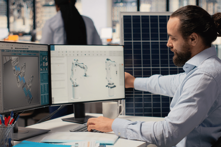 Engineer reviewing CNC machining prototype designs and CAD models beside a prototype component